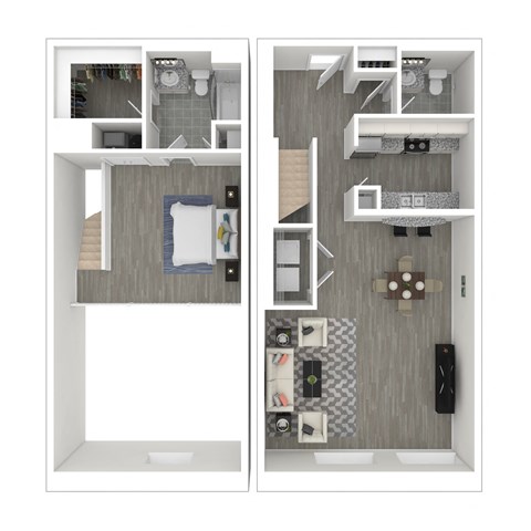a stylized floor plan with a bedroom and a living room